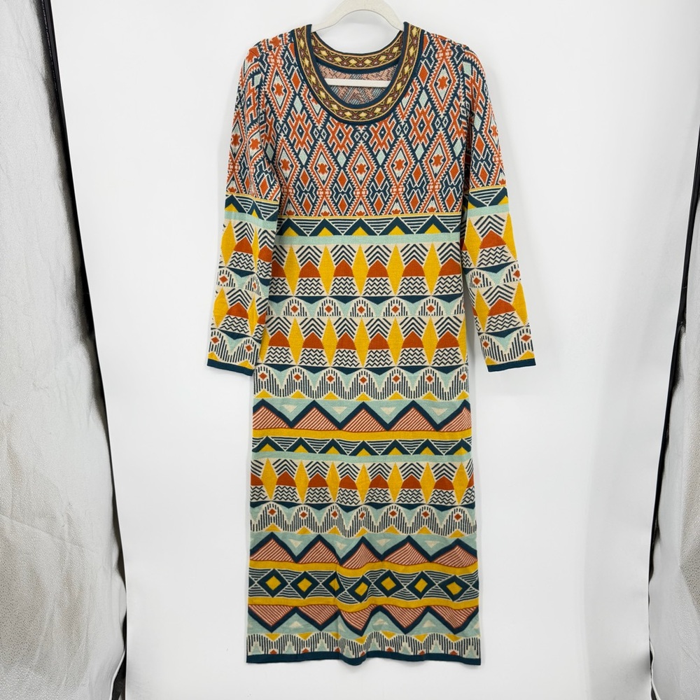 Geometric sweater acrylic cashmere blend maxi dress green orange yellow sz S/M
